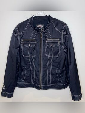 Harley Davidson 2009 Rhinestone Spell Out Windbreaker Jacket Woman's XL Black